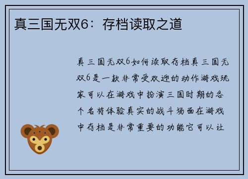 真三国无双6：存档读取之道